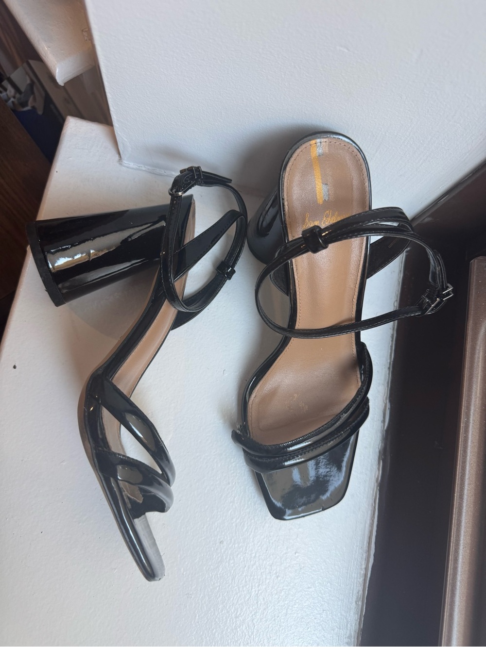 Sam Edelman Black Patent Square-Toe Strappy Block Heels - Picture 4 of 7